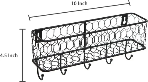 Miniatura 6 de MyGift Soporte de metal montado en la pared y organizador de llaves con 5 ganchos, cesta de almacenamiento decorativa y ganchos para colgar llaves