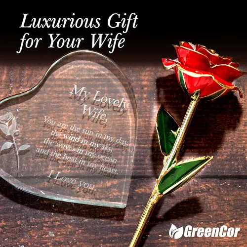 Miniatura 5 de GreenCor Juego de regalo de madera grabado para aniversario para esposa, con texto en inglés "To My Beautiful Wife", incluye corazón grabado