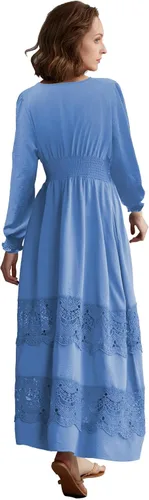 Miniatura 9 de Vestido largo de encaje para mujer de manga corta y cuello en V, vestido de fiesta estilo bohemio con cintura fruncida, vestido bohemio para mujer