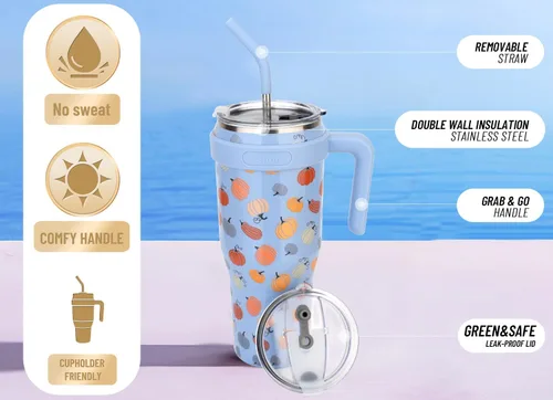 Miniatura 3 de Zenbo Vaso térmico de 50 onzas con asa y tapa con popote, vasos aislados de acero inoxidable, mantiene las bebidas frías hasta 34 horas, cabe