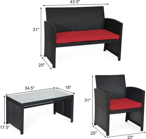 Miniatura 2 de COSTWAY Juego de muebles de ratán de patio de 4 piezas, juego de conversación de mimbre para exteriores con cojines suaves y mesa de centro de Rojo
