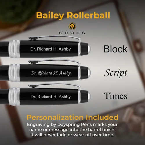 Miniatura 3 de Cross Bailey - Bolígrafo de punta redonda grabada, laca negra con borde cromado, tecnología Selectip, regalo personalizado para ejecutivos, Negro
