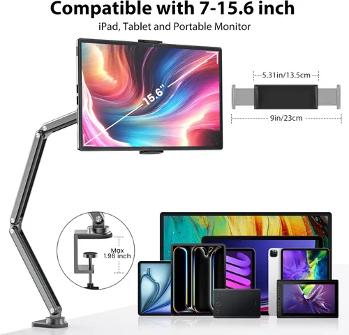 Miniatura 3 de KU XIU Soporte para Tablet de Escritorio, Soporte de Brazo Plegable de Aleación de Aluminio Compatible con iPad 10/9th, iPad 13/12.9/11" M3 M4 M5