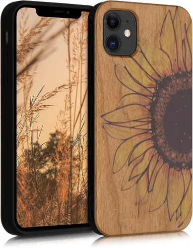 kwmobile Funda de madera compatible con Apple iPhone 11, diseño de girasol, amarillo y marrón oscuro, marrón claro