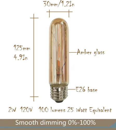 Miniatura 2 de Bombilla LED ámbar T10 E26, suave, regulable, T10, tubular, Edison, 2 W, 120 V, 2200 K, blanco cálido, 140 lúmenes, equivalente a 25 W, paquete de 4