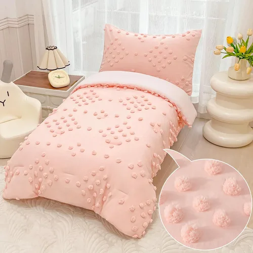 Miniatura 8 de Juego de ropa de cama para niñas pequeñas de 4 piezas, jacquard rosa con pompones y mechones, estilo bohemio boho con puntos mechonados, juego