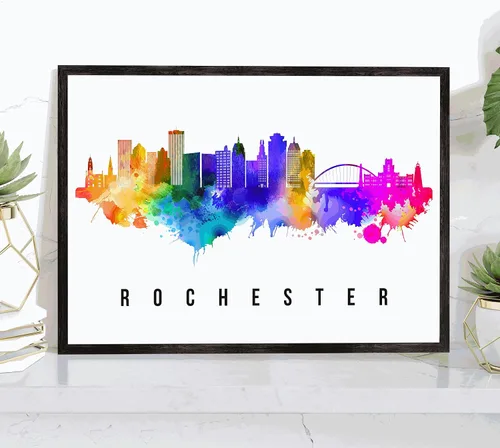 Pera Print Rochester Skyline New York Póster, pintura de paisaje urbano de Nueva York, impresión de paisaje urbano y monumentos, arte de pared para