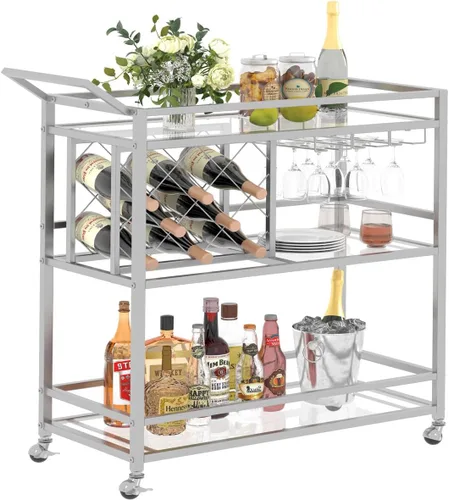 Miniatura 9 de FATORRI Carrito de bar para el hogar, carritos de vino rodantes sobre ruedas con estantes de madera de 3 niveles, carrito de bebidas de licor