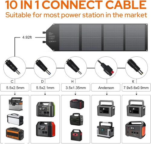 Miniatura 4 de EnginStar Panel solar plegable de 100 W con salida de CC de 18 V para estaciones de energía portátiles EnginStar/Jackery/Rockpals/Flashfish, Negro