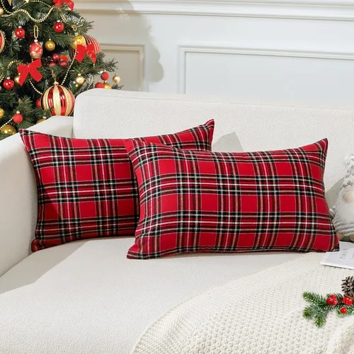 Miniatura 15 de OTOSTAR Paquete de 2 fundas de almohada decorativas de cuadros búfalo navideños de 12x20 pulgadas, lino clásico estilo granja, fundas de cojín