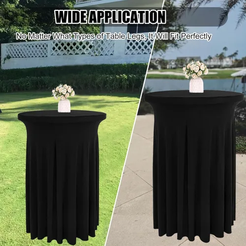 Miniatura 7 de Paquete de 4 faldas redondas de elastano de 32 x 43 pulgadas para mesa de cóctel con cortinas onduladas, mantel de cóctel elástico, mesas altas Negro