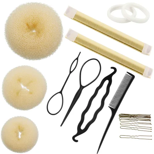 WILLBOND Juego de moldeador de moño, 3 donas para el cabello, 2 marcadores de moño, 4 herramientas de cola de caballo, 10 pines y 2 bandas