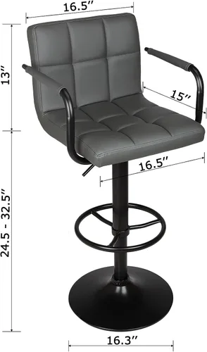 Miniatura 3 de Leopard Taburetes de bar ajustables con reposabrazos, respaldo cuadrado, doble costura giratoria con taburete trasero, juego de 2 (gris)