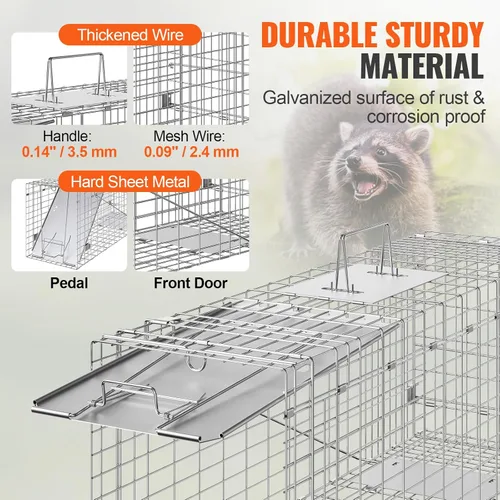 Miniatura 4 de VEVOR Trampa de jaula para animales vivos, 31 x 10 x 12 pulgadas, trampa para gatos humanitarios de hierro galvanizado, trampa plegable