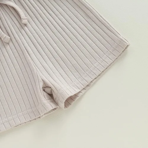 Miniatura 56 de Traje de verano para niña pequeña, de manga corta, acanalado, overol liso, pantalones cortos, ropa para recién nacidos