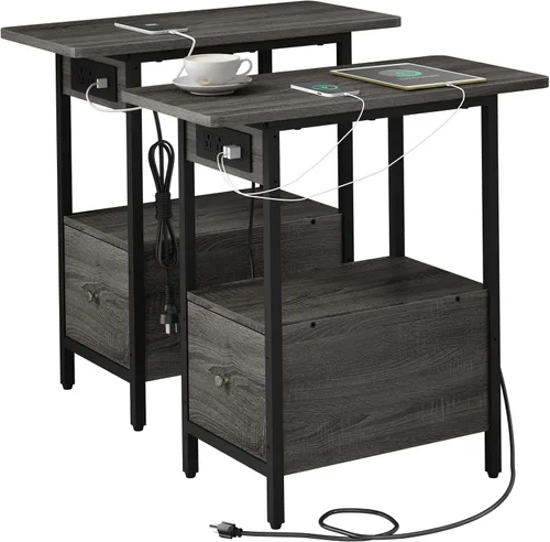 Miniatura 15 de LIDYUK Mesa auxiliar con estación de carga, mesa auxiliar estrecha con cajón, puertos USB y tomas de corriente, mesita de noche para espacios Negro
