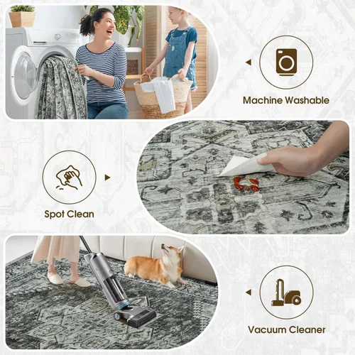 Miniatura 5 de Alfombra de área para sala de estar: alfombra grande lavable a máquina de 9 x 12 pies, diseño bohemio vintage medallón suave, alfombra fina