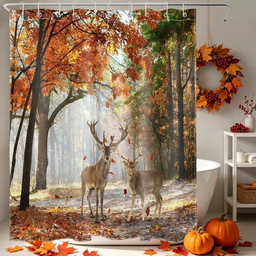 Miniatura 10 de HVEST Cortina de ducha con ganchos, calabaza espeluznante y fantasma con sombrero de bruja negro, juego de cortina de ducha naranja con flores