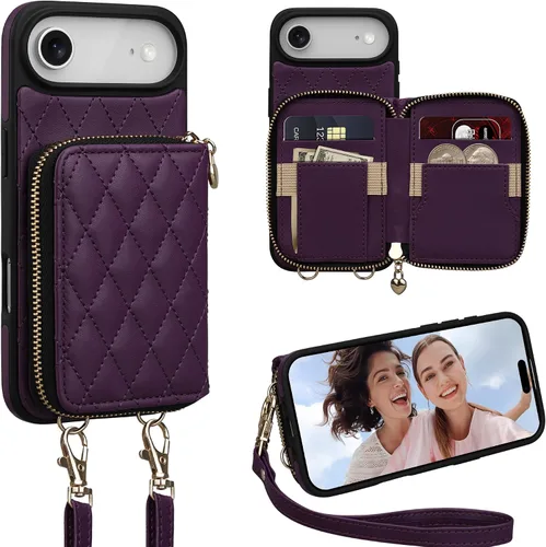 Miniatura 52 de Funda tipo cartera para iPhone 15 de 6.1 pulgadas, bolso cruzado con cremallera y correa para la muñeca con cordón para mujer, tarjetero con bloqueo
