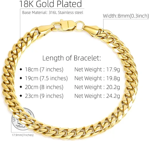 Miniatura 2 de CaptainSteeL Pulsera cubana para hombres y mujeres, pulsera de acero inoxidable de 77.589 pulgadas, chapado en oroacero inoxidable, regalo