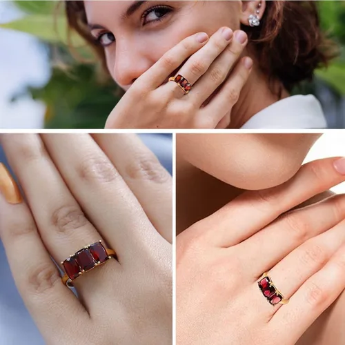 Miniatura 2 de 3 Stone Garnet Rings for Women in 925 Sterling Silver with 14K Gold Plating - January Birthstone Promise Engagement Ring Vintage Red Garnet Jewelry