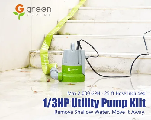 Miniatura 2 de Green Expert 1/3HP Submersible Sump Pump Kit with 25FT Lay-Flat Discharge Hose, Pump with Hose, Water Sensor Automatic/Manual Low Water Drain Pump