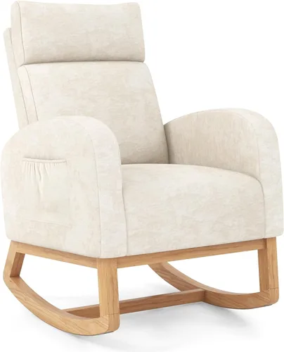 Giantex Mecedora para guardería, silla mecedora tapizada de felpilla con bolsillo lateral, marco de madera de goma natural, respaldo alto, sillón