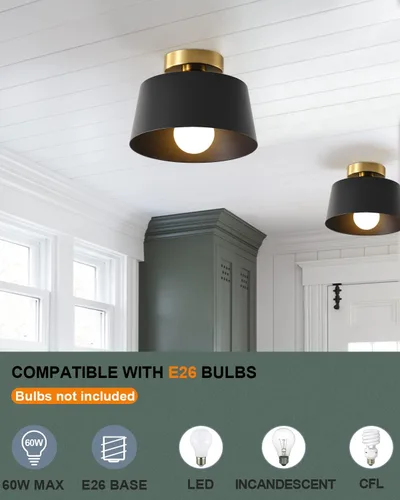 Miniatura 2 de Lámpara de Techo Moderna Semi Empotrada con Placa Dorada y Pantalla Negra Mate, Lámpara de Techo Estilo Granja para Isla de Cocina Comedor Vestíbulo