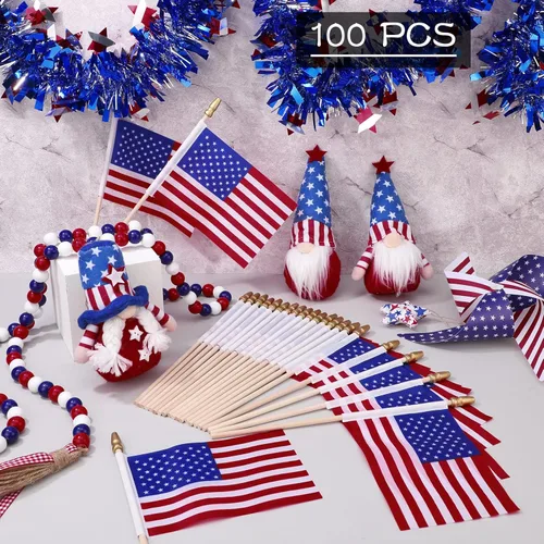Miniatura 5 de Shimeyao Paquete de 100 banderas americanas pequeñas en palillos de 4 x 6 pulgadas, mini banderas a granel para el Día de la Independencia