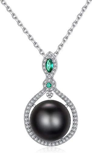VIKI LYNN Collar con colgante de perlas negras cultivadas de Tahití de calidad AAA de 0.394-0.433 in para mujer, Plata esterlina Perla Zirconia