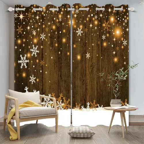 Miniatura 27 de Renaiss Cortinas opacas de Navidad con tablones de madera rústica para dormitorio, con ojales, estampado de copos de nieve navideños, cortinas