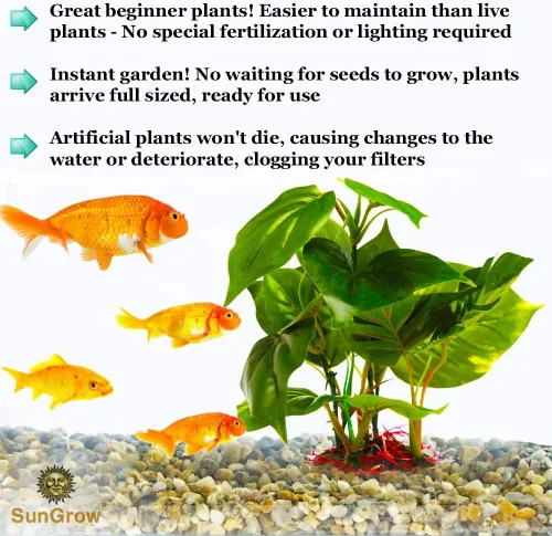 Miniatura 4 de SunGrow Planta de hojas de plástico, base de cerámica resistente, lugar para esconderse para peces, betta, pez ángel, peces dorados, rana, pitón