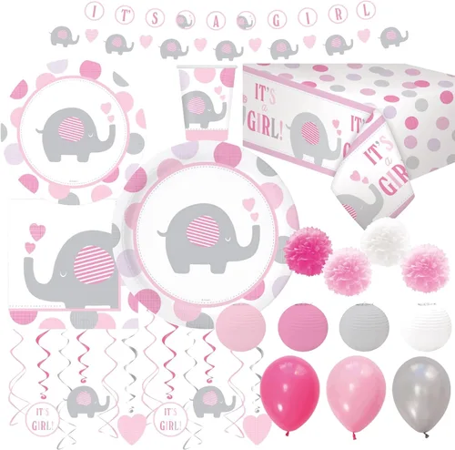 Kit de suministros de fiesta de baby shower de elefante para 30 invitados: platos, vasos, servilletas, mantel de mesa, globos, linternas, remolinos,