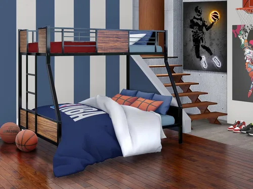 Miniatura 2 de East West Furniture JAFTBLK Jackson - Litera de tamaño matrimonial, dos camas divididas, una escalera con dos escalones y barandillas de protección
