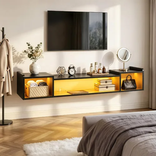 Miniatura 7 de Romorgniz - Soporte de TV flotante de 55.1 pulgadas de ancho con luces LED y tomas de corriente para televisores de 50, 55, 60, 65 pulgadas, centro