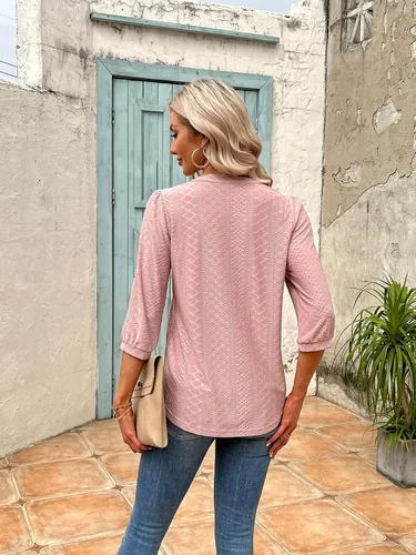 Miniatura 5 de Blusas de manga 34 para mujer, con ojales, estilo casual, cuello en V