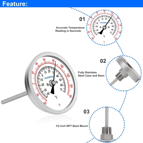 Miniatura 5 de Medidor de temperatura del agua, esfera de 3.0 in totalmente de acero inoxidable, vástago de 6 pulgadas, -40 a 160F, 1/2" NPT montaje trasero
