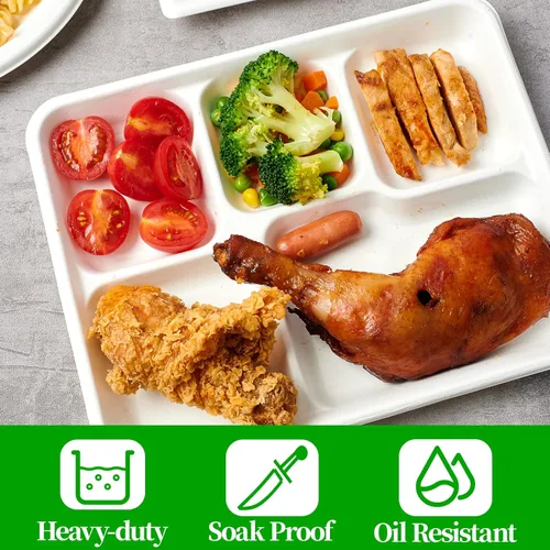 Miniatura 6 de ECOLipak Platos 100% compostables de 5 compartimentos, paquete de 125 platos de papel desechables, platos de caña de azúcar biodegradables de alta