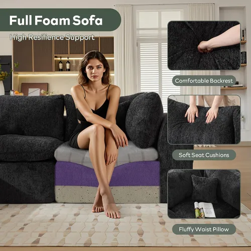Miniatura 5 de STHOUYN Sofás Seccionales Modernos Negros de 114" sin Estructura para Sala de Estar, Sofá Nube Modular Negro en Forma de L con Otomana, Cómodo Sofá