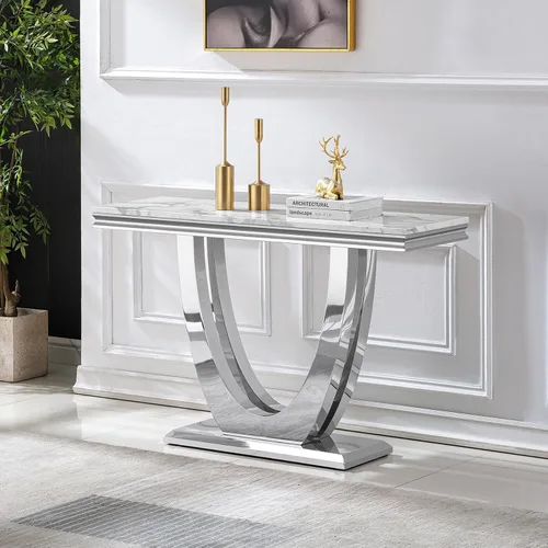Miniatura 29 de SSLine Mesa de Centro Rectangular de Mármol Sintético para Sala de Estar, Mesa Central Moderna de Mármol Blanco de Lujo con Base Doble en Forma de U