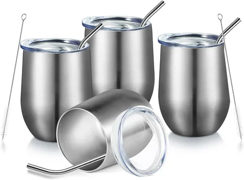 Miniatura 22 de COMOOO Vaso de vino aislado de 12 onzas con tapa, vaso de vino de acero inoxidable sin tallo, vaso de vino de doble pared al vacío con pajita, café