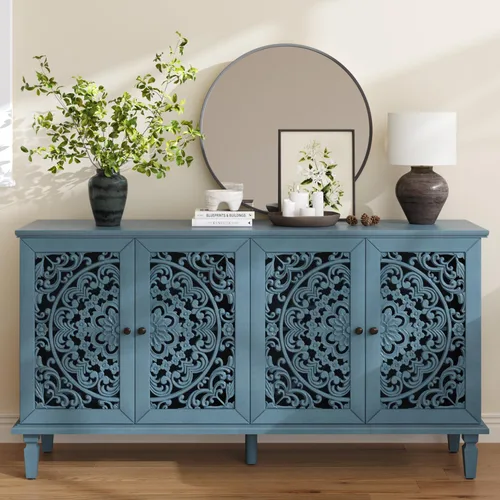Miniatura 11 de Aparador de buffet Credenzas para sala de estar, mesa de entrada de 60 pulgadas con gabinete de almacenamiento, puertas huecas talladas, negro Azul