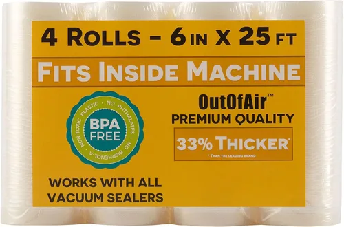 Rollos de 6 pulgadas x 25 pies (se adapta al interior de la máquina) – Paquete de 4 rollos selladores al vacío OutOfAir Pint (100 pies en total).