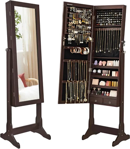 SONGMICS - Armario de joyería con espejo y con 6 luces LED, organizador de joyería de pie con espejo y con cerradura, 2 cajones, color marrón UJJC94K