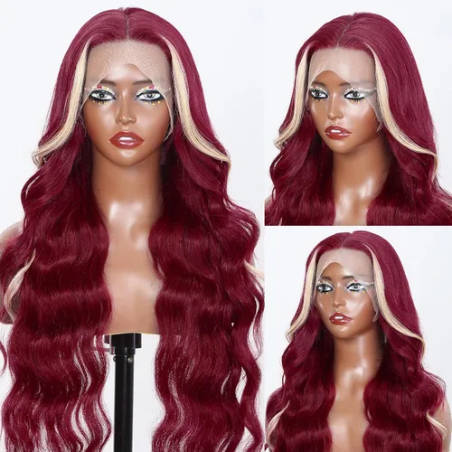 Miniatura 9 de HANASCC Pelucas de cabello humano con encaje frontal 99J color borgoña de 28 pulgadas, densidad del 250 %, 13 x 6, HD 613, pelucas de cabello humano