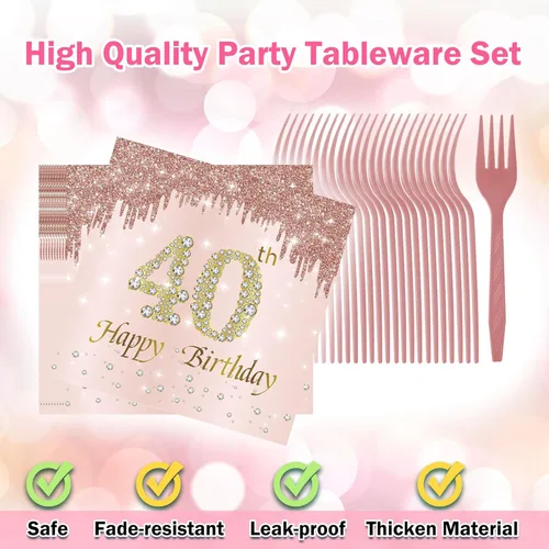 Miniatura 4 de Decoraciones de cumpleaños número 40 para mujer, juego de 96 platos y servilletas de cumpleaños de 40 años, platos de oro rosa, platos de papel