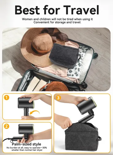 Miniatura 8 de Secador de pelo, secador iónico de 150000 rpm, secado rápido, bajo ruido, plegable portátil con difusor y boquilla, mini compacto para mujeres