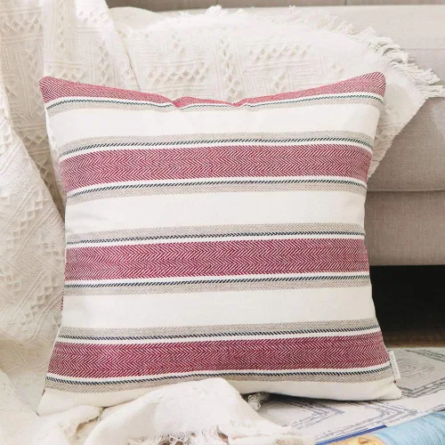 Miniatura 15 de Funda de cojín a rayas de lino suave tipo lino cuadrado decorativo con cremallera oculta para sofá, cama, sofá cama, sala de estar, 35,6 x 35,6 cm