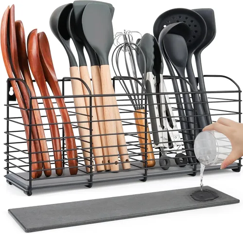 Miniatura 7 de Soporte grande para utensilios de cocina, 11.8 x 6.7 x 4.7 pulgadas, diseño estético de 3 compartimentos, organizador de utensilios de cocina