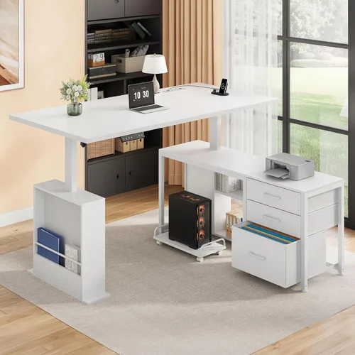 Miniatura 8 de Escritorio eléctrico en forma de L de 47 pulgadas con 3 cajones, mesa de computadora de almacenamiento, altura ajustable con tomas de corriente, 4